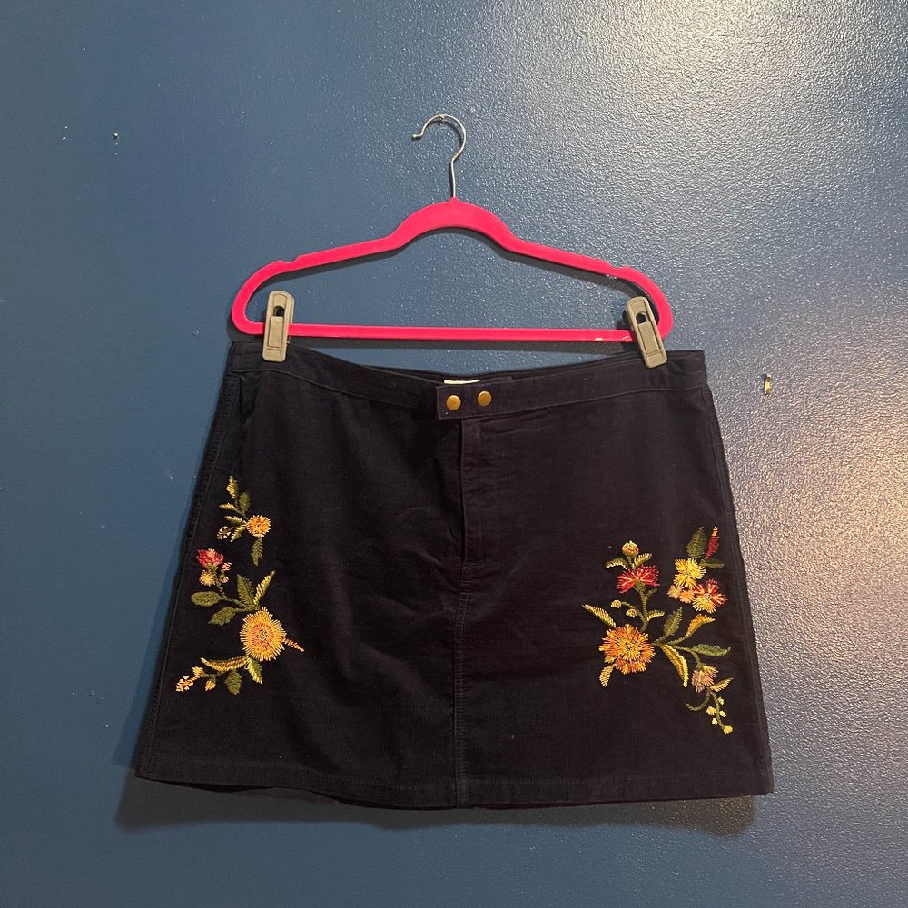 Navy Blue Corduroy skirt with floral applique